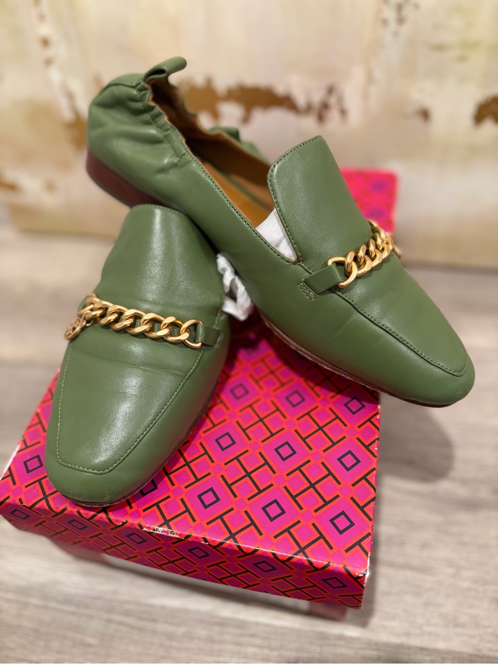 Tory Burch Olive Green Chain-Trim Loafers - Picture 8 of 8